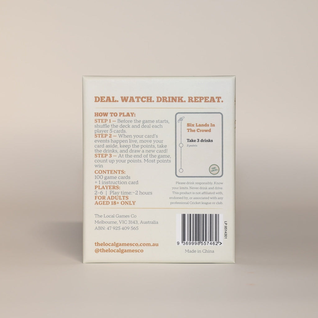 The Local Cricket drinking card game — back of box