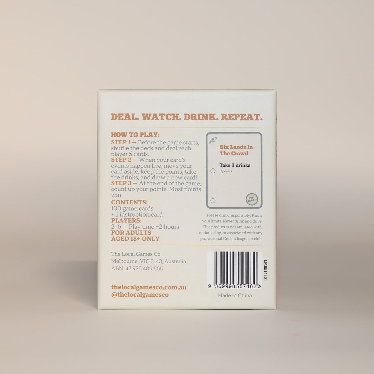 The Local Cricket drinking card game — back of box