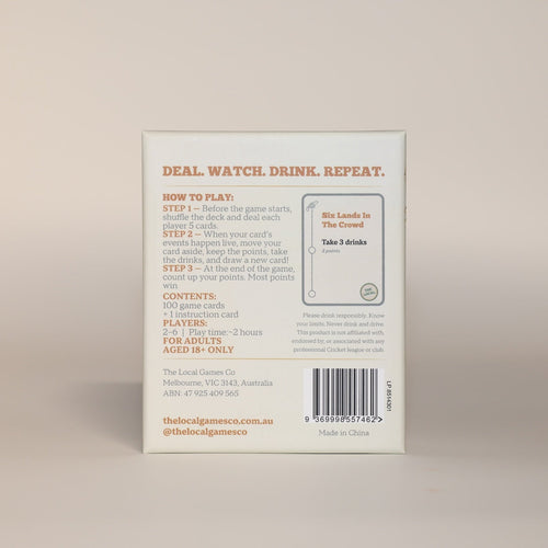 The Local Cricket drinking card game — back of box