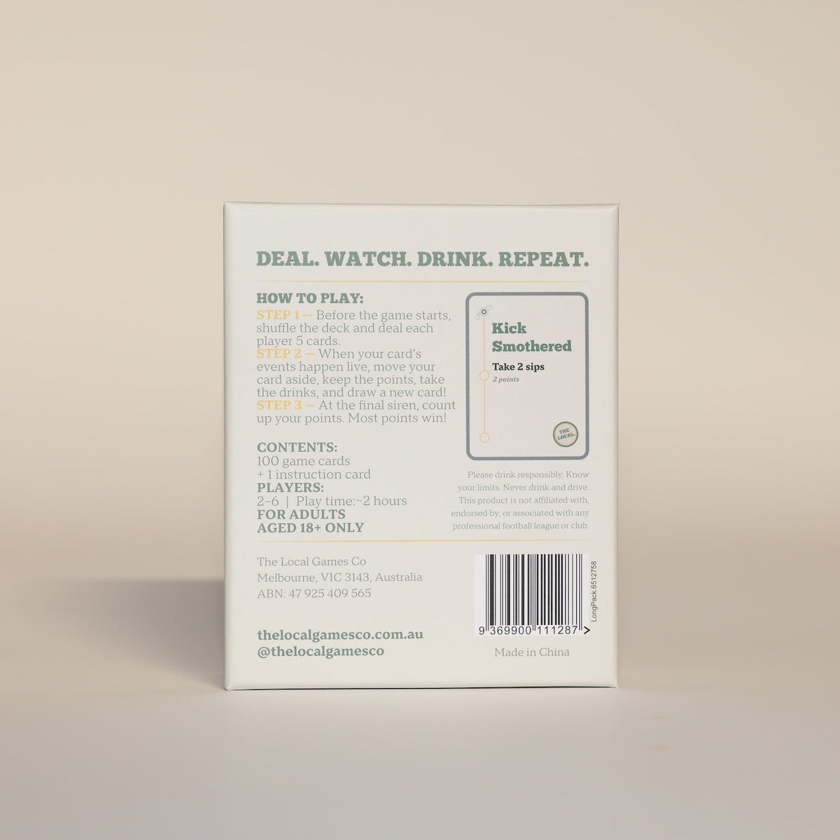 Back of The Local footy drinking card game box with game details and rules