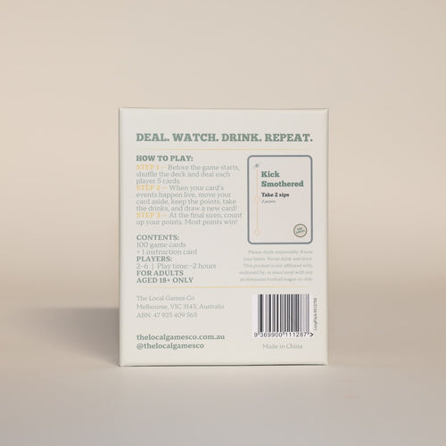 Back of The Local footy drinking card game box with game details and rules