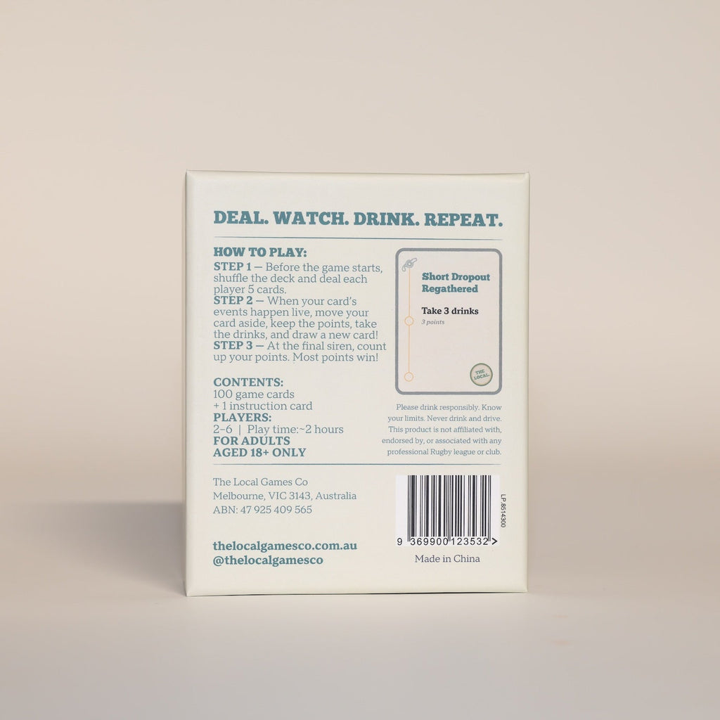 The Local Rugby League drinking card game — back of box