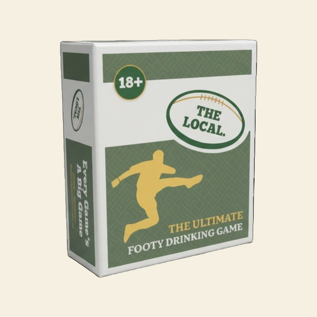 The Local — AFL drinking card game, vintage pub-style box (front view). The perfect footy gift for Father's Day, birthdays, or Christmas.